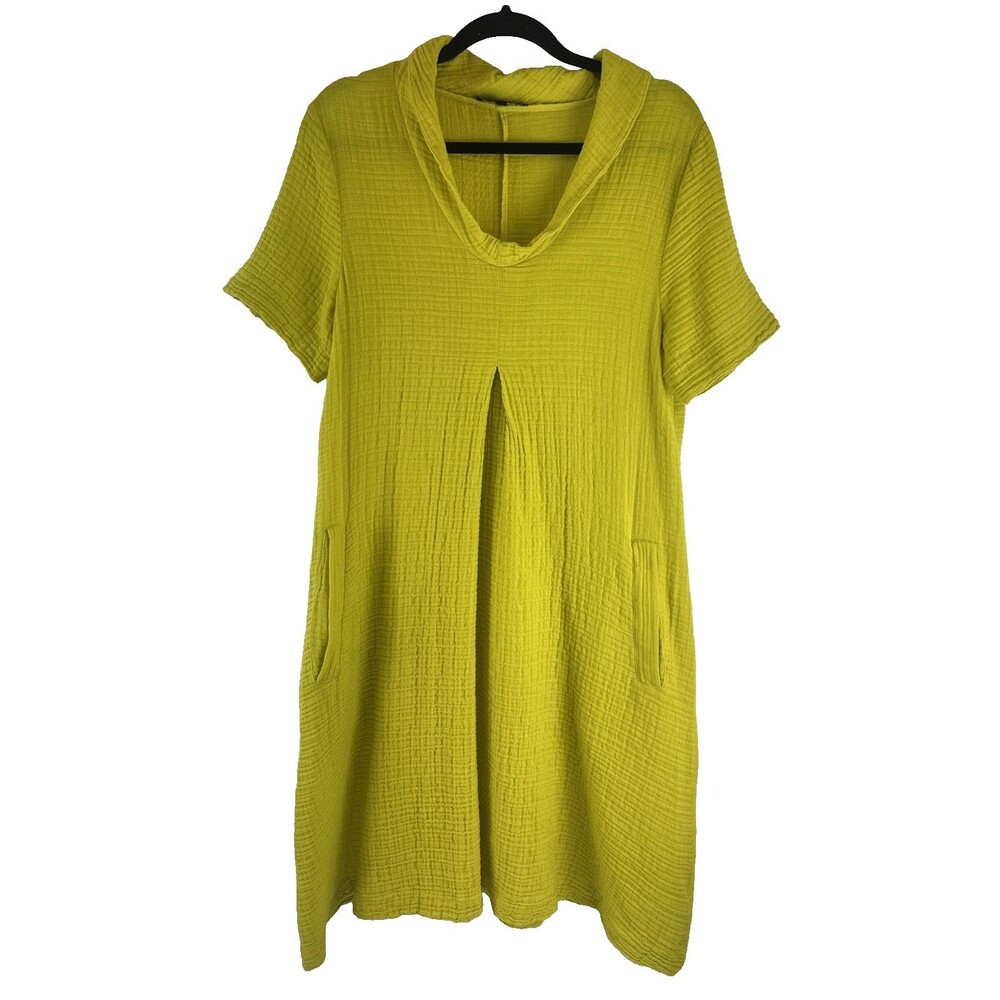Kozan Harley Dress Gauze Cotton Muslin Yellow Pockets Lagenlook Cowl Neck Small